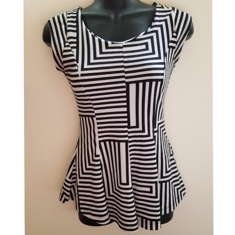 Black White Striped Stretchy Peplum Tank Top